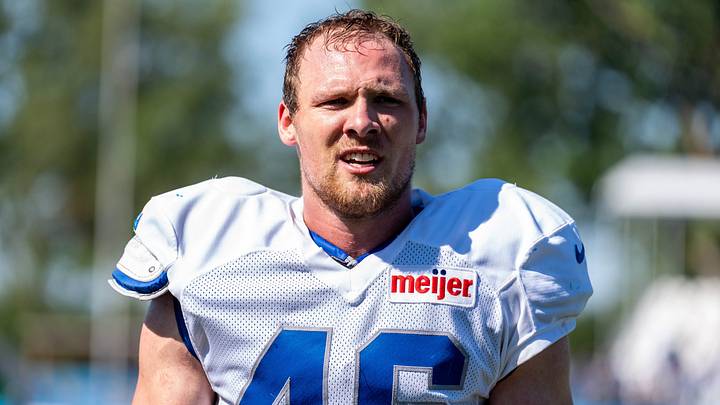 Aug 3, 2026; Allen Park, MI, USA; Detroit Lions linebacker Jack Campbell (46) looks on during Detroit Lions training camp. Mandatory Credit: Paul Barnick-Imagn Images