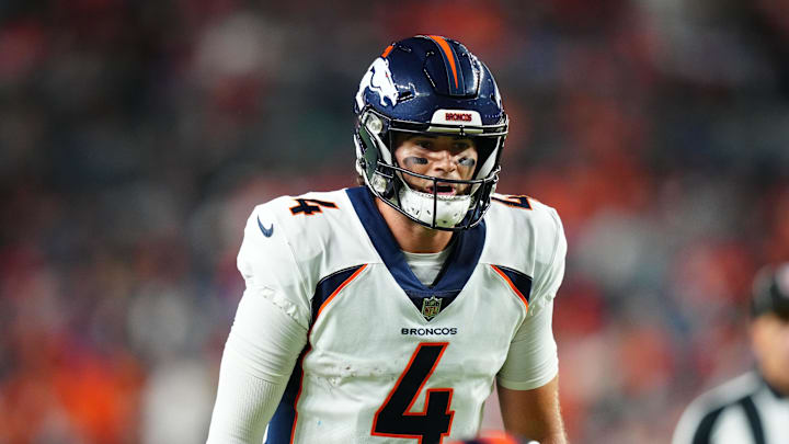 Aug 26, 2023; Denver, Colorado, USA; Denver Broncos quarterback Jarrett Stidham (4) in the first
