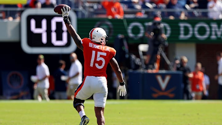 Oct 5, 2024; Charlottesville, Virginia, USA; Virginia Cavaliers defensive end Chico Bennett Jr. (15) celebrates after an interception during the fourth quarter against the Boston College Eagles at Scott Stadium. Mandatory Credit: Peter Casey-Imagn Images Oct 5, 2024; Charlottesville, Virginia, USA; Virginia Cavaliers defensive end Chico Bennett Jr. (15) celebrates after an interception during the fourth quarter against the Boston College Eagles at Scott Stadium. Mandatory Credit: Peter Casey-Imagn Images