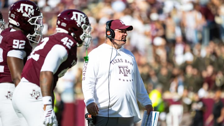 Texas A&M Aggies head coach Mike Elko on the field in the second half of a game against the Samford Bulldogs at Kyle Field.