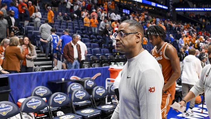 Mar 14, 2025; Nashville, TN, USA;  Texas Longhorns head coach Rodney Terry walks off the court after the loss against the Tennessee Volunteers during the second half at Bridgestone Arena. Mandatory Credit: Steve Roberts-Imagn Images