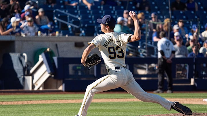 Milwaukee Brewers pitcher Jacob Misiorowski (93) on the mound in the eighth during a spring training game against the Los Angeles Dodgers at American Family Fields of Phoenix in 2024.