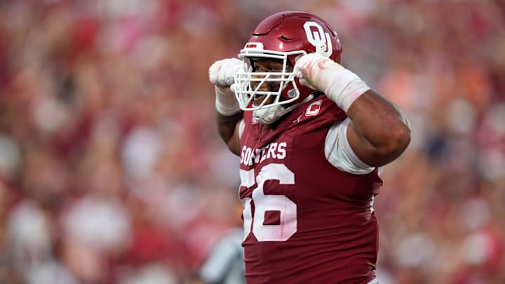 Oklahoma Sooners defensive lineman Gracen Halton (56) celebrates after a sack during a college football game between the University of Oklahoma Sooners (OU) and the Auburn Tigers at Gaylord Family Ð Oklahoma Memorial Stadium in Norman, Okla., Saturday,Sept. 20, 2025. Oklahoma won 24-17.