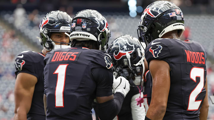 Oct 27, 2024; Houston, Texas, USA;  Houston Texans wide receiver Stefon Diggs (1) fires up his teammates before playing against the Indianapolis Colts at NRG Stadium.