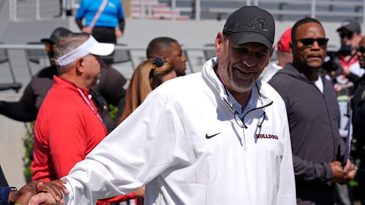 Georgia offensive coordinator Mike Bobo arrives before the start of the Georgia G-Day spring football game in Athens, Ga., on Saturday, April 12, 2025.