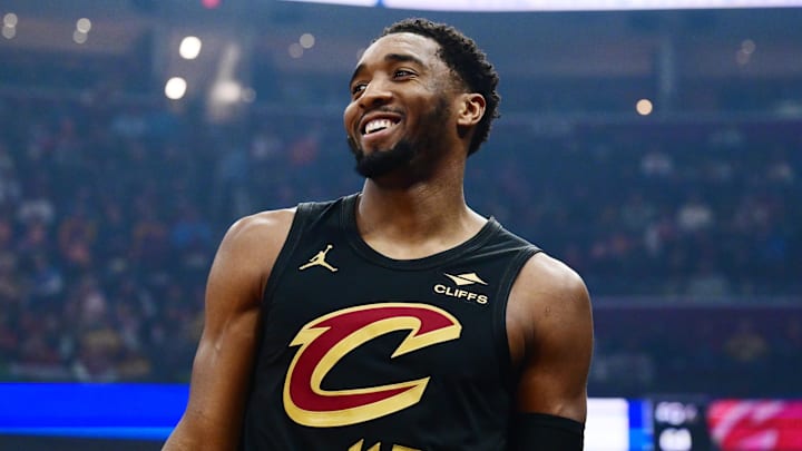 Feb 19, 2026; Cleveland, Ohio, USA; Cleveland Cavaliers guard Donovan Mitchell (45) reacts after a play during the second half against the Brooklyn Nets at Rocket Arena. Mandatory Credit: Ken Blaze-Imagn Images