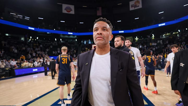 Feb 15, 2025; Atlanta, Georgia, USA; Georgia Tech Yellow Jackets head coach Damon Stoudamire after an overtime victory over the California Golden Bears at McCamish Pavilion. Mandatory Credit: Brett Davis-Imagn Images