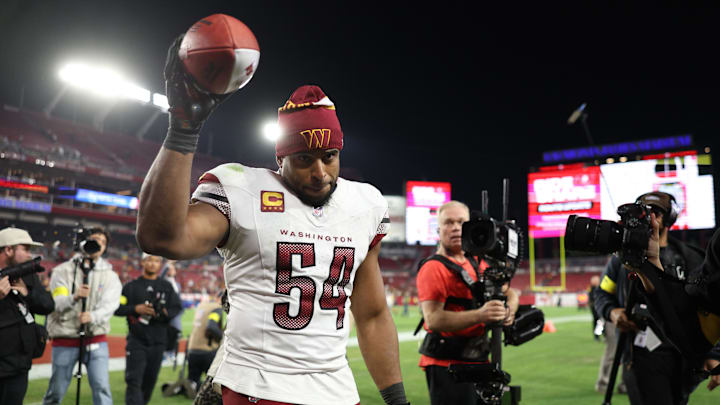 Washington Commanders linebacker Bobby Wagner celebrates after winning a NFC wild card playoff against the Tampa Bay Bucs.