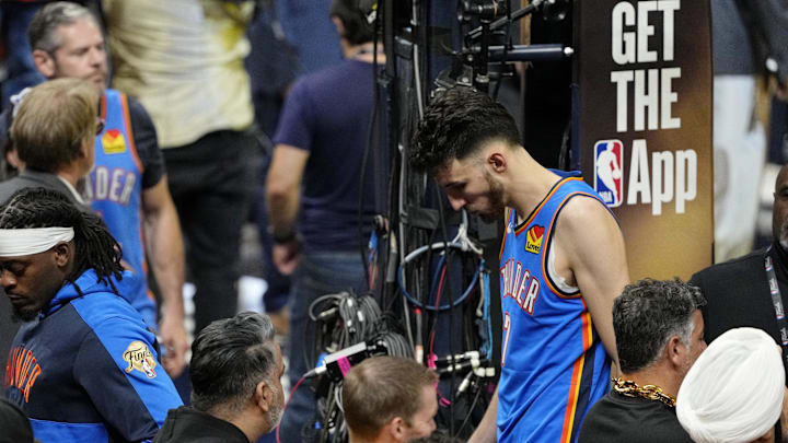 Jun 19, 2025; Indianapolis, Indiana, USA; Oklahoma City Thunder forward Chet Holmgren (7) walks of the court after losing the Indiana Pacers in game six of the 2025 NBA Finals between the Oklahoma City Thunder and the Indiana Pacers at Gainbridge Fieldhouse. Mandatory Credit: Kyle Terada-Imagn Images