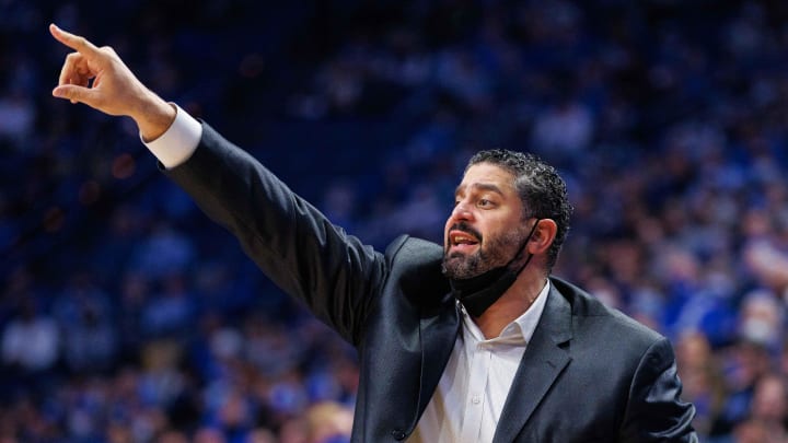 Feb 2, 2022; Lexington, Kentucky, USA; Kentucky Wildcats assistant coach Orlando Antigua yells to Feb 2, 2022; Lexington, Kentucky, USA; Kentucky Wildcats assistant coach Orlando Antigua yells to