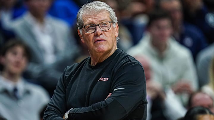 Feb 12, 2025; Storrs, Connecticut, USA; UConn Huskies head coach Geno Auriemma watches from the sideline as they take on the St. John's Red Storm at Harry A. Gampel Pavilion. Mandatory Credit: David Butler II-Imagn Images Feb 12, 2025; Storrs, Connecticut, USA; UConn Huskies head coach Geno Auriemma watches from the sideline as they take on the St. John's Red Storm at Harry A. Gampel Pavilion. Mandatory Credit: David Butler II-Imagn Images
