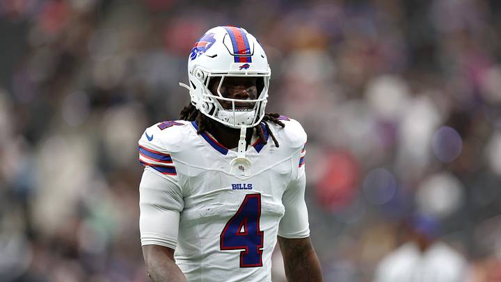 Oct 18, 2026; Paradise, Nevada, USA; Buffalo Bills running back James Cook III (4) looks on before the game against the Las Vegas Raiders at Allegiant Stadium. Oct 18, 2026; Paradise, Nevada, USA; Buffalo Bills running back James Cook III (4) looks on before the game against the Las Vegas Raiders at Allegiant Stadium.