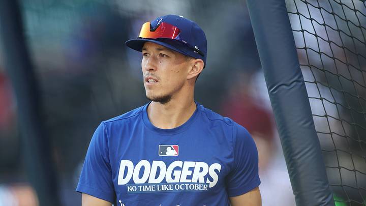 Oct 6, 2026; Cumberland, Georgia, USA;  Los Angeles Dodgers second baseman Tommy Edman (25) warms up prior to a game against the Atlanta Braves  in game three of the NLDS for the 2026 MLB Playoffs at Truist Park.  Mandatory Credit: Brett Davis-Imagn Images