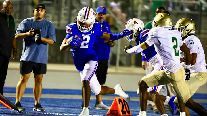 Folsom's Jameson Powell had five catches for 55 yards and a touchdown in his team's 63-20 win over Long Beach Poly Aug. 23 2024. Powell is a four-star junior receiver with 16 college offers.  Folsom is looking for a game this week after its Homecoming Game with Davis scheduled for Friday was cancelled.  