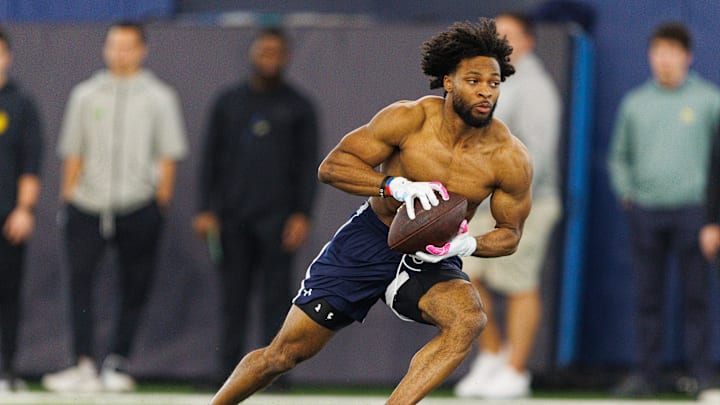 Wide receiver Will Pauling during Notre Dame football's Pro Day at Irish Athletic Center on Tuesday, March 24, 2026, in South Bend. Wide receiver Will Pauling during Notre Dame football's Pro Day at Irish Athletic Center on Tuesday, March 24, 2026, in South Bend.