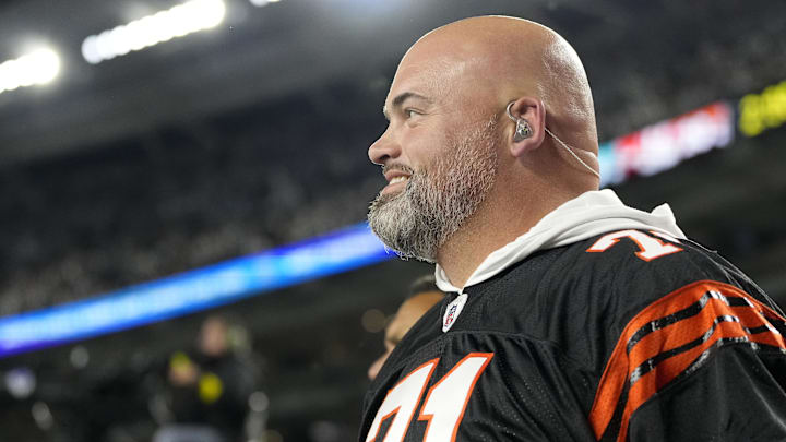 Sep 29, 2022; Cincinnati, Ohio, USA; Cincinnati Bengal former player Andrew Whitworth watches the final minutes in the fourth quarter of the game against the Miami Dolphins at Paycor Stadium. Mandatory Credit: Sam Greene/Cincinnati Enquirer via USA TODAY NETWORK Sep 29, 2022; Cincinnati, Ohio, USA; Cincinnati Bengal former player Andrew Whitworth watches the final minutes in the fourth quarter of the game against the Miami Dolphins at Paycor Stadium. Mandatory Credit: Sam Greene/Cincinnati Enquirer via USA TODAY NETWORK