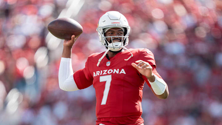 September 21, 2025; Santa Clara, California, USA; Arizona Cardinals quarterback Jacoby Brissett (7) during the third quarter against the San Francisco 49ers at Levi's Stadium. Mandatory Credit: Kyle Terada-Imagn Images