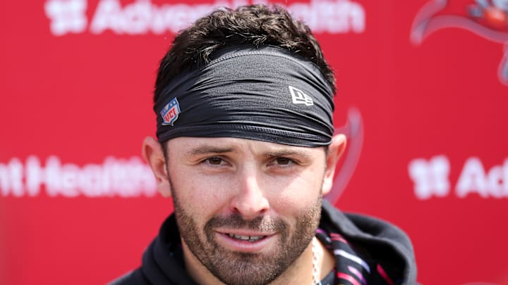 Tampa Bay Buccaneers quarterback Baker Mayfield gives a press conference after mini camp. Tampa Bay Buccaneers quarterback Baker Mayfield gives a press conference after mini camp.