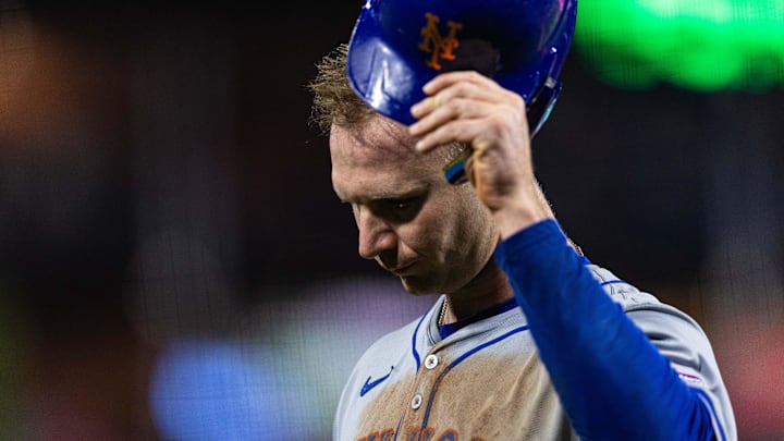 May 15, 2024; Philadelphia, Pennsylvania, USA; New York Mets first base Pete Alonso (20) walks back to the dugout after hitting into a double play during the seventh inning against the Philadelphia Phillies at Citizens Bank Park. Mandatory Credit: Bill Streicher-USA TODAY Sports