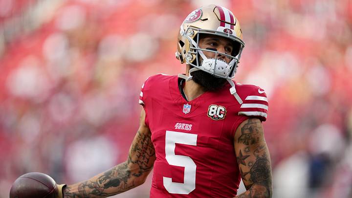 Oct 19, 2026; Santa Clara, California, USA; San Francisco 49ers wide receiver Mike Evans (5) warms up before the game against the Washington Commanders at Levi's Stadium. Mandatory Credit: Cary Edmondson-Imagn Images Oct 19, 2026; Santa Clara, California, USA; San Francisco 49ers wide receiver Mike Evans (5) warms up before the game against the Washington Commanders at Levi's Stadium. Mandatory Credit: Cary Edmondson-Imagn Images