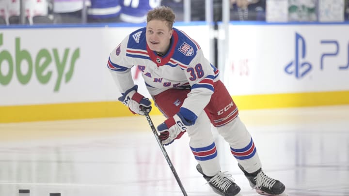 Mar 25, 2026; Toronto, Ontario, CAN;  New York Rangers forward Adam Sykora (38) skates during his rookie lap during warm up before a game against the Toronto Maple Leafs at Scotiabank Arena. Mandatory Credit: John E. Sokolowski-Imagn Images