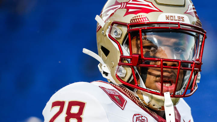 Oct 18, 2024; Durham, North Carolina, USA;  Florida State Seminoles linebacker Justin Cryer (28) looks on prior to the first half of the game against Florida State at Wallace Wade Stadium. Mandatory Credit: Jaylynn Nash-Imagn Images