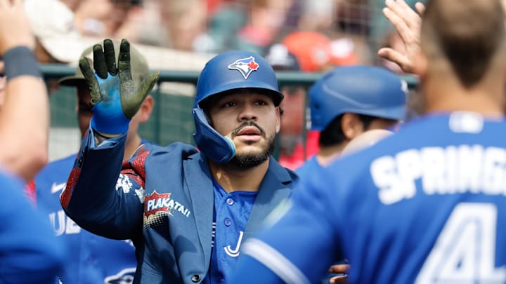 May 16, 2026; Detroit, Michigan, USA; Toronto Blue Jays left fielder Yohendrick Pinango (24) receives congratulations from teammates after he hits a home run in the seventh inning against the Detroit Tigers at Comerica Park. Mandatory Credit: Rick Osentoski-Imagn Images