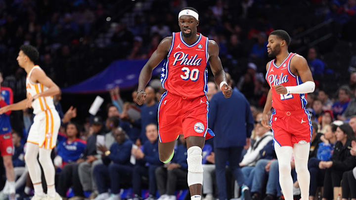 Apr 11, 2025; Philadelphia, Pennsylvania, USA; Philadelphia 76ers center Adem Bona (30) reacts against the Atlanta Hawks in the second quarter at Wells Fargo Center. Mandatory Credit: Kyle Ross-Imagn Images Apr 11, 2025; Philadelphia, Pennsylvania, USA; Philadelphia 76ers center Adem Bona (30) reacts against the Atlanta Hawks in the second quarter at Wells Fargo Center. Mandatory Credit: Kyle Ross-Imagn Images