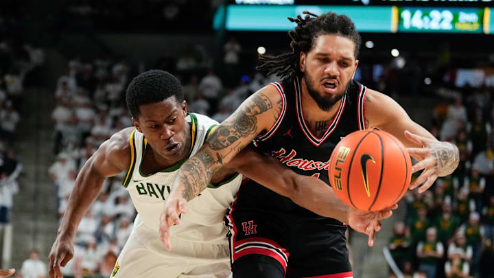Mar 8, 2025; Waco, Texas, USA; Baylor Bears guard VJ Edgecombe (7) and Houston Cougars guard Emanuel Sharp (21) chase a loose ball during the second half at Paul and Alejandra Foster Pavilion. Mandatory Credit: Chris Jones-Imagn Images Mar 8, 2025; Waco, Texas, USA; Baylor Bears guard VJ Edgecombe (7) and Houston Cougars guard Emanuel Sharp (21) chase a loose ball during the second half at Paul and Alejandra Foster Pavilion. Mandatory Credit: Chris Jones-Imagn Images