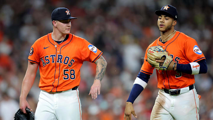May 9, 2025; Houston, Texas, USA; Houston Astros starting pitcher Hunter Brown (58) congratulates Houston Astros shortstop Jeremy Pena (3) after retiring the side against the Cincinnati Reds during the fourth inning at Daikin Park. 