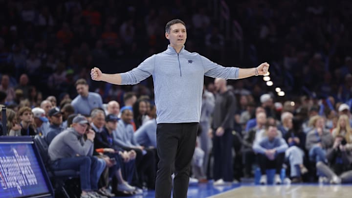 Dec 22, 2025; Oklahoma City, Oklahoma, USA; Oklahoma City Thunder head coach Mark Daigneault gestures to his team during a play against the Memphis Grizzlies during the second half at Paycom Center. Mandatory Credit: Alonzo Adams-Imagn Images