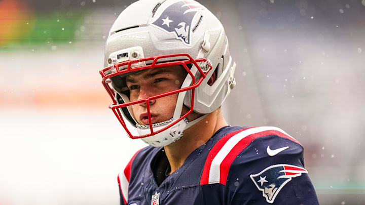 Dec 14, 2025; Foxborough, Massachusetts, USA; New England Patriots quarterback Drake Maye (10) warms up before the start of the game against the Buffalo Bills at Gillette Stadium. Mandatory Credit: David Butler II-Imagn Images