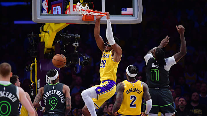 Apr 30, 2025; Los Angeles, California, USA; Los Angeles Lakers forward Rui Hachimura (28) dunks for the basket against the Minnesota Timberwolves during the second half in game five of first round for the 2025 NBA Playoffs at Crypto.com Arena. Mandatory Credit: Gary A. Vasquez-Imagn Images