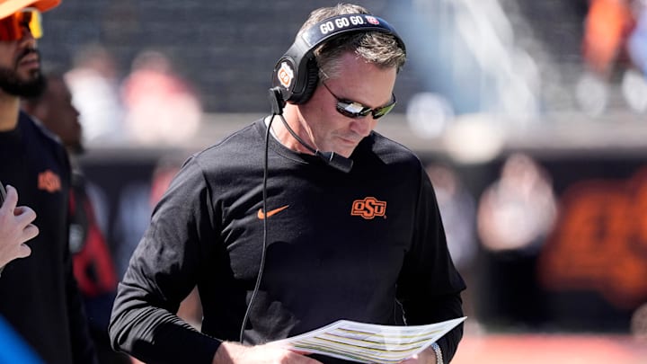 Oklahoma State interim defensive coordinator Clint Bowen during a college football game between the Oklahoma State Cowboys (OSU) and the Houston Cougars at Boone Pickens Stadium in Stillwater, Okla., Saturday, Oct. 11, 2025. Houston won 39-17.