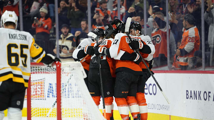 Oct 28, 2025; Philadelphia, Pennsylvania, USA; Philadelphia Flyers teammates celebrate a goal by right wing Bobby Brink (10) against the Pittsburgh Penguins in the first period at Xfinity Mobile Arena. Mandatory Credit: Kyle Ross-Imagn Images Oct 28, 2025; Philadelphia, Pennsylvania, USA; Philadelphia Flyers teammates celebrate a goal by right wing Bobby Brink (10) against the Pittsburgh Penguins in the first period at Xfinity Mobile Arena. Mandatory Credit: Kyle Ross-Imagn Images