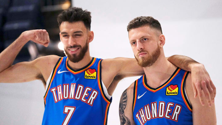 Chet Holmgren (7) and Isaiah Hartenstein (55) during the Thunder Media Day for the 25-26 NBA season at the Paycom Center Monday, Sept. 29, 2025.