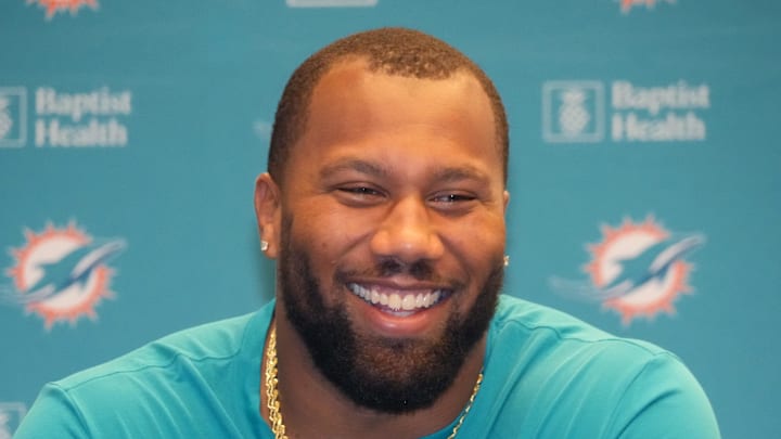 Nov 12, 2025; Madrid, Spain; Miami Dolphins linebacker Bradley Chubb at press conference at Estadio Riyadh Air Metropolitano. Mandatory Credit: Kirby Lee-Imagn Images