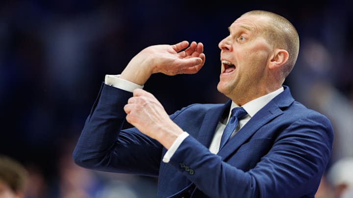 Feb 11, 2025; Lexington, Kentucky, USA; Kentucky Wildcats head coach Mark Pope reacts to a call made by a referee during the first half against the Tennessee Volunteers at Rupp Arena at Central Bank Center. Mandatory Credit: Jordan Prather-Imagn Images