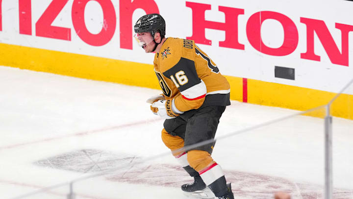 Apr 29, 2026; Las Vegas, Nevada, USA; Vegas Golden Knights right wing Pavel Dorofeyev (16) celebrates after scoring a goal against the Utah Mammoth during the third period of game five of the first round of the 2026 Stanley Cup Playoffs at T-Mobile Arena. Mandatory Credit: Stephen R. Sylvanie-Imagn Images