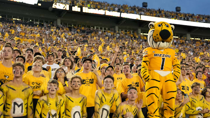 Sep 21, 2024; Columbia, Missouri, USA; The Missouri Tigers student section watches as Vanderbilt Commodores place kicker Brock Taylor (not pictured) misses a field goal to end the game during overtime at Faurot Field at Memorial Stadium. Mandatory Credit: Jay Biggerstaff-Imagn Images