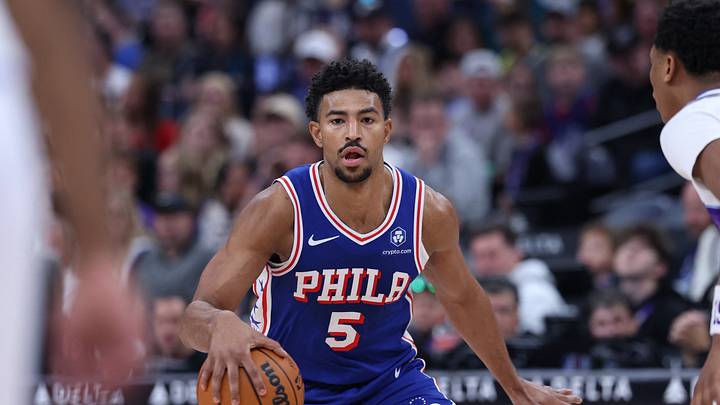 Mar 21, 2026; Salt Lake City, Utah, USA; Philadelphia 76ers guard Quentin Grimes (5) looks for a play against the Utah Jazz during the first half at Delta Center on Mar. 21, 2026. Mar 21, 2026; Salt Lake City, Utah, USA; Philadelphia 76ers guard Quentin Grimes (5) looks for a play against the Utah Jazz during the first half at Delta Center on Mar. 21, 2026.
