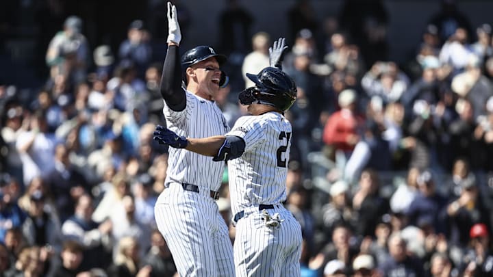 Apr 7, 2024; Bronx, New York, USA; New York Yankees designated hitter Giancarlo Stanton (27) is