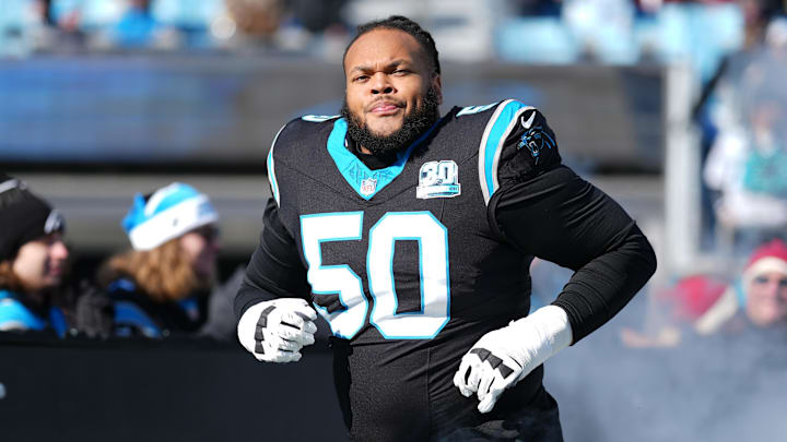 Carolina Panthers guard Robert Hunt (50) takes the field during the first quarter against the Arizona Cardinals at Bank of America Stadium. Carolina Panthers guard Robert Hunt (50) takes the field during the first quarter against the Arizona Cardinals at Bank of America Stadium.
