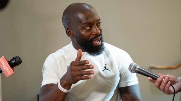 Oklahoma co-defensive coordinator Jay Valai speaks during a media day for the University of Oklahoma Sooners (OU) football team in Norman, Okla., Tuesday, Aug. 1, 2023.