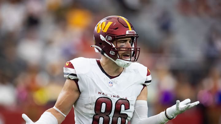 Washington Commanders tight end Zach Ertz reacts against the Arizona Cardinals at State Farm Stadium.