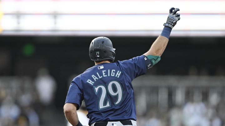 Seattle Mariners catcher Cal Raleigh (29) celebrates after hitting a two-run home run during the third inning against the San Diego Padres at Petco Park on July 9. Seattle Mariners catcher Cal Raleigh (29) celebrates after hitting a two-run home run during the third inning against the San Diego Padres at Petco Park on July 9.