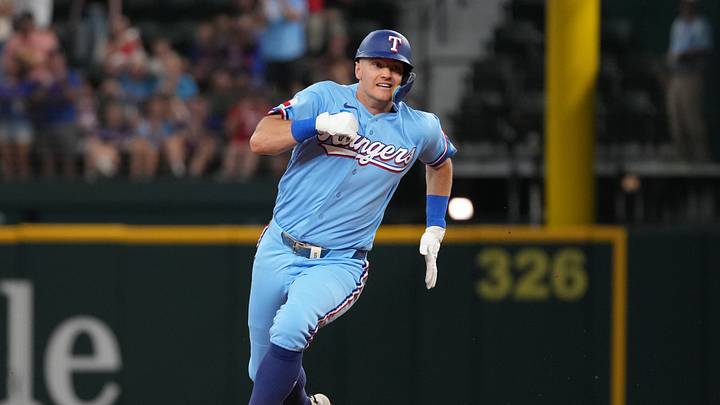 Jul 12, 2026; Arlington, Texas, USA;  Texas Rangers third baseman Josh Jung (6) runs to third base for a triple against the Houston Astros during the first inning at Globe Life Field. Mandatory Credit: Raymond Carlin III-Imagn Images