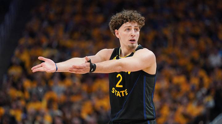 San Francisco, California, USA; Golden State Warriors guard Brandin Podziemski (2) reacts after a play against the Houston Rockets in the third quarter of game six of the first round for the 2025 NBA Playoffs at Chase Center. Mandatory Credit: Cary Edmondson-Imagn Images San Francisco, California, USA; Golden State Warriors guard Brandin Podziemski (2) reacts after a play against the Houston Rockets in the third quarter of game six of the first round for the 2025 NBA Playoffs at Chase Center. Mandatory Credit: Cary Edmondson-Imagn Images