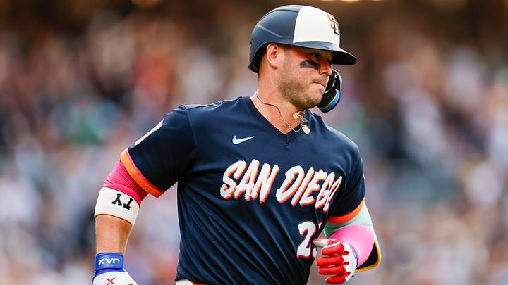 Aug 21, 2026; San Diego, California, USA;  San Diego Padres first baseman Ty France (25) hits a two-run home run during the first inning against the Minnesota Twins at Petco Park.  Mandatory Credit: David Frerker-Imagn Images