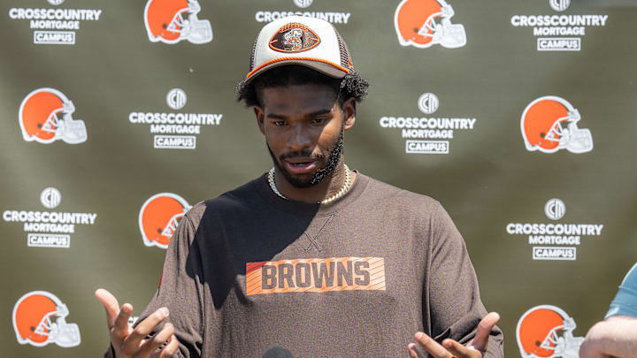 May 10, 2025; Berea, OH, USA; Cleveland Browns quarterback Shedeur Sanders (12) talks to the media during rookie minicamp at CrossCountry Mortgage Campus. Mandatory Credit: Ken Blaze-Imagn Images